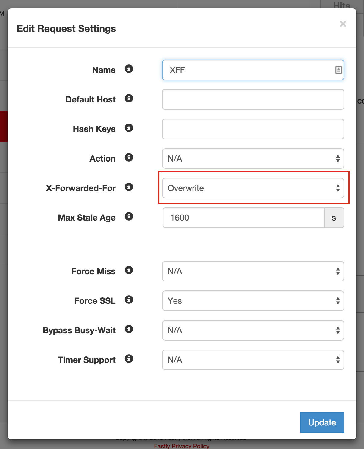 Fastly service configuration, at Settings tab